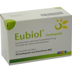 Eine weiße Schachtel mit Eubiol Hartkapseln zur Behandlung von Durchfall und Akne.