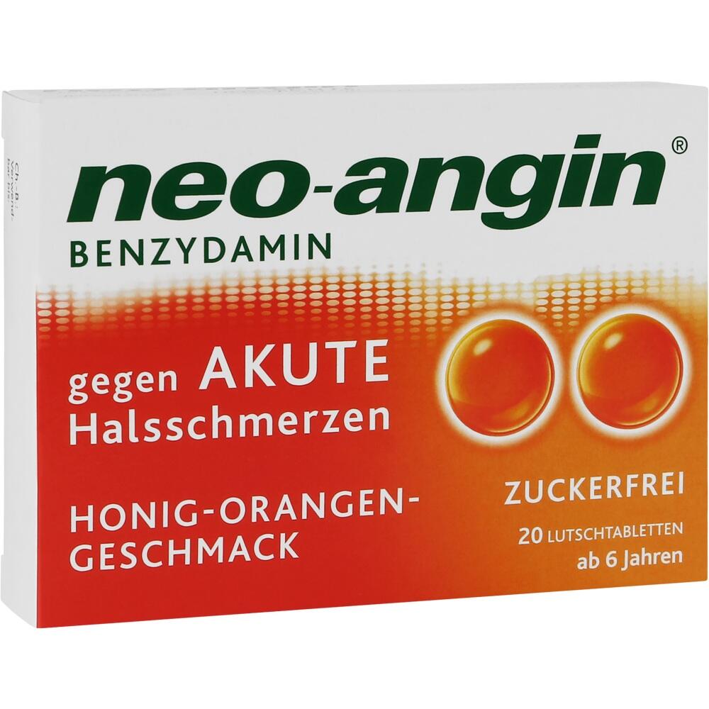 Packung Lutschtabletten gegen Halsschmerzen mit Honig-Orangen-Geschmack, zuckerfrei.