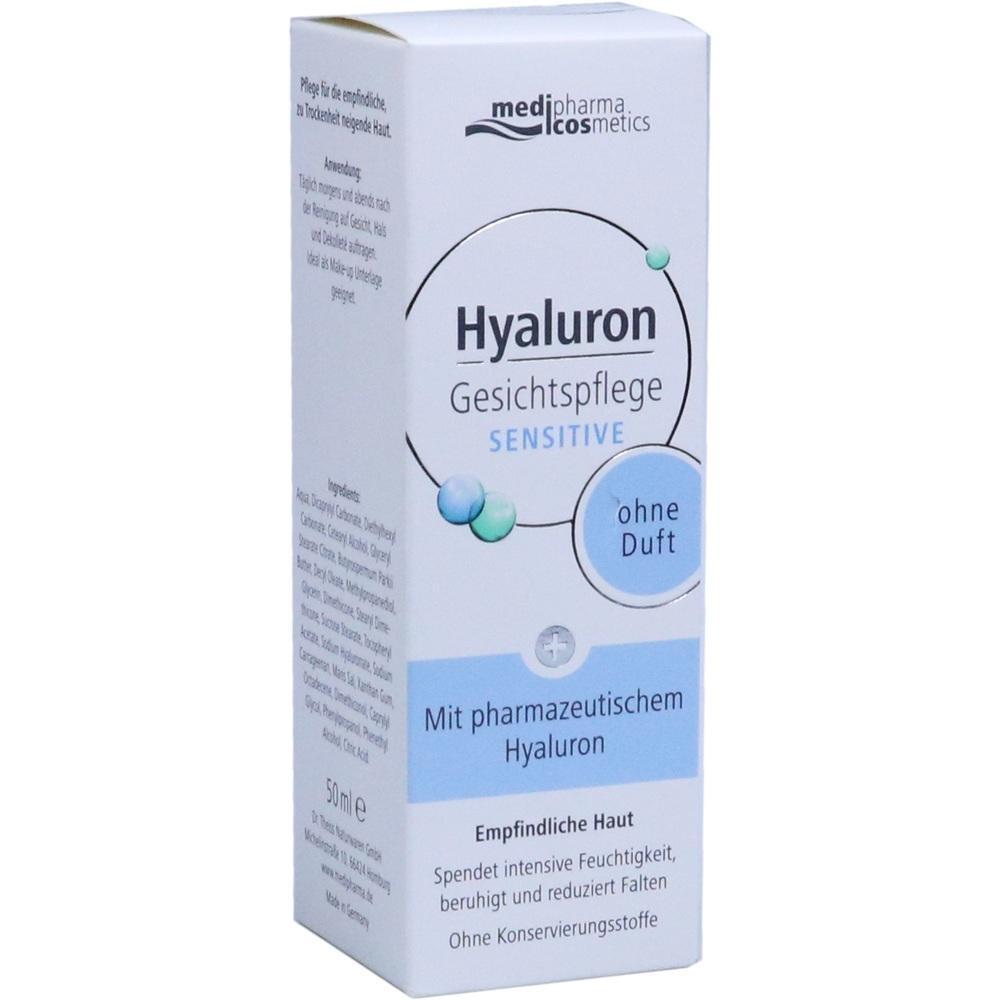 Eine Schachtel Hyaluron-Gesichtspflege für empfindliche Haut, ohne Duftstoffe.