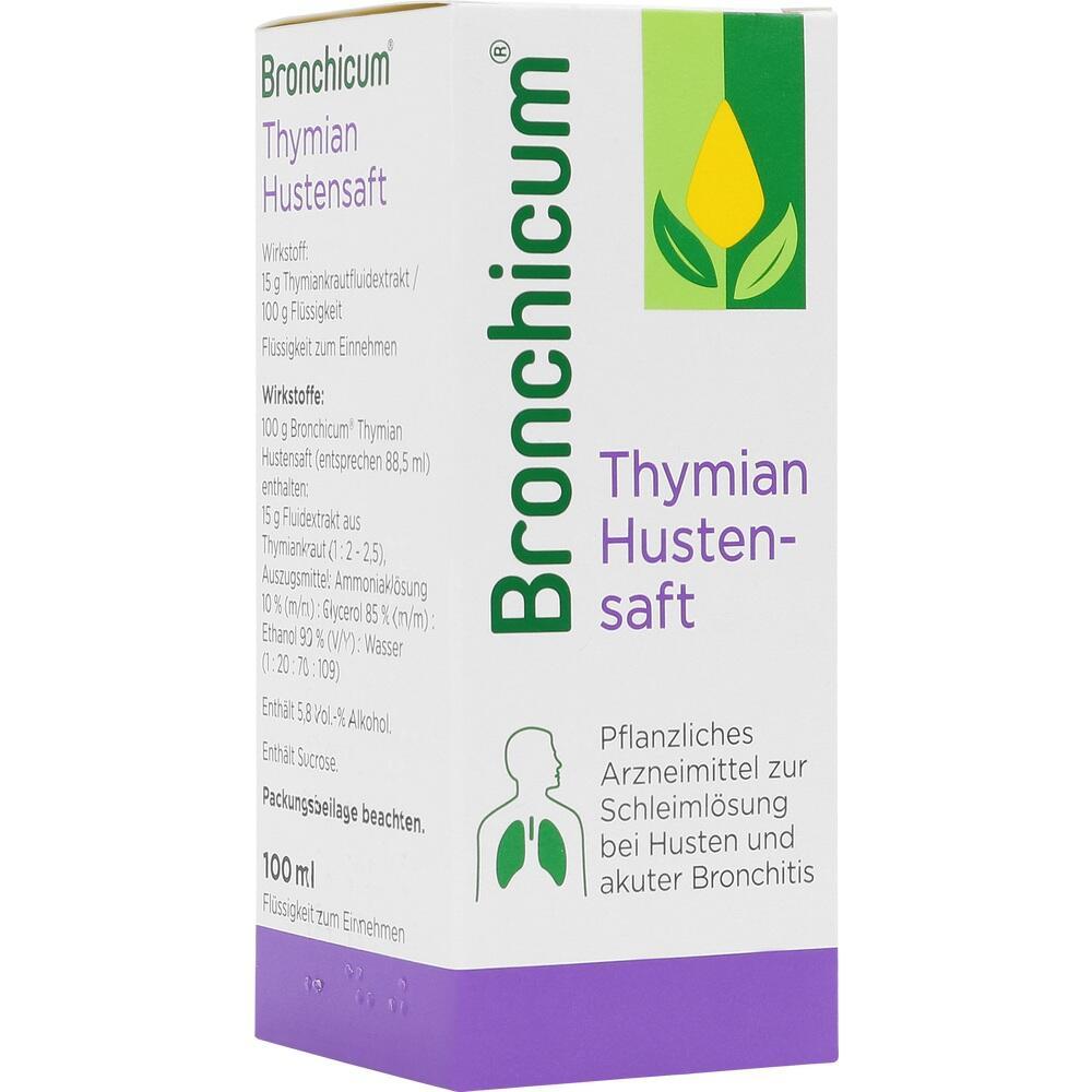 Weiße Packung eines Thymian-Hustensafts mit grünem und violettem Text.